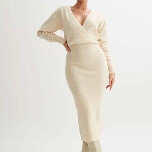Ribbed Knit Wrap V-Neck Maxi Dress — Cream